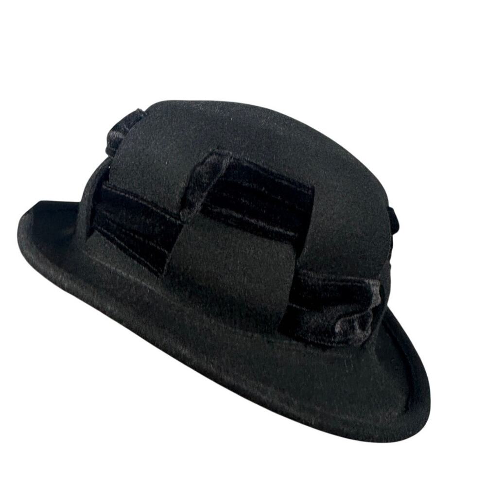 Hat Wool Felt Cloche Velvet Cutout Trim Rolled Brim Black